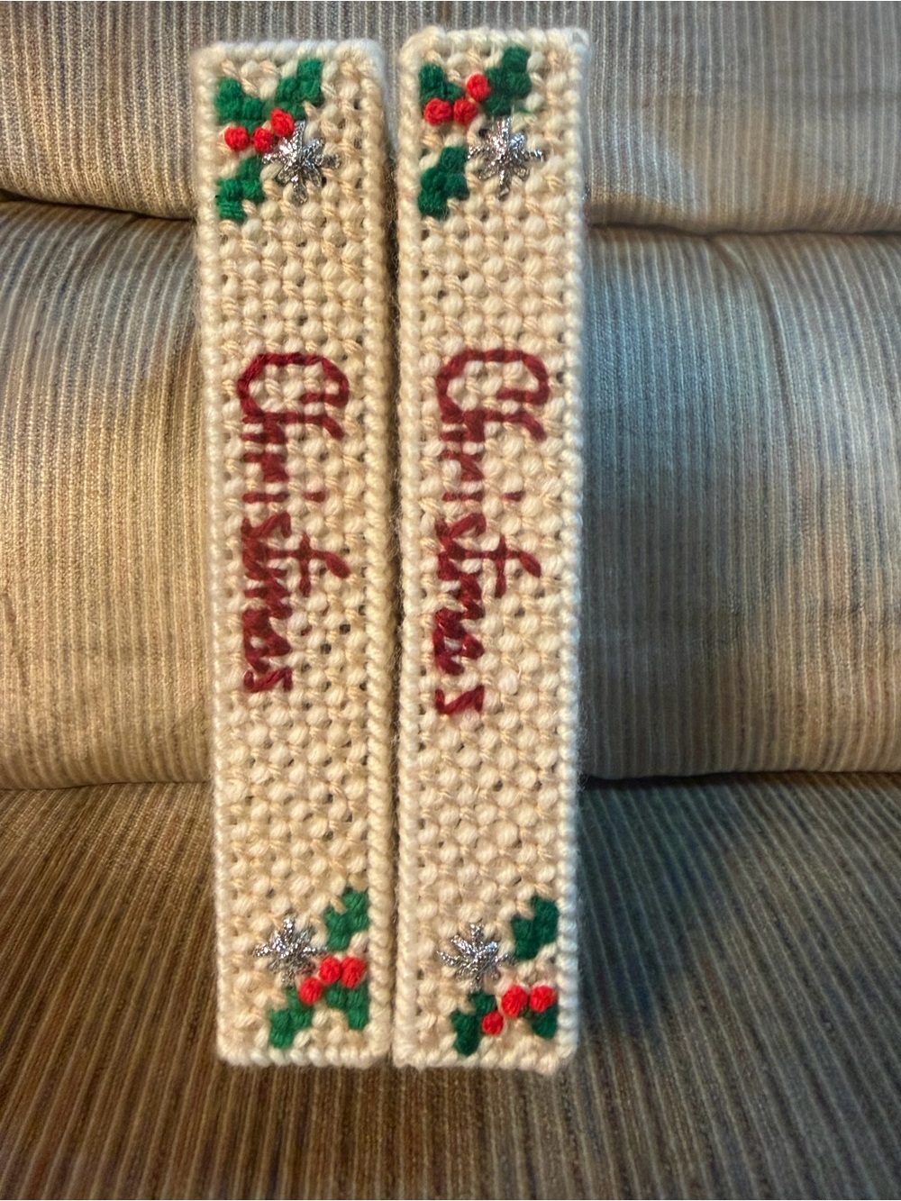 Handmade Cream Crochet Book Ends with Red Script